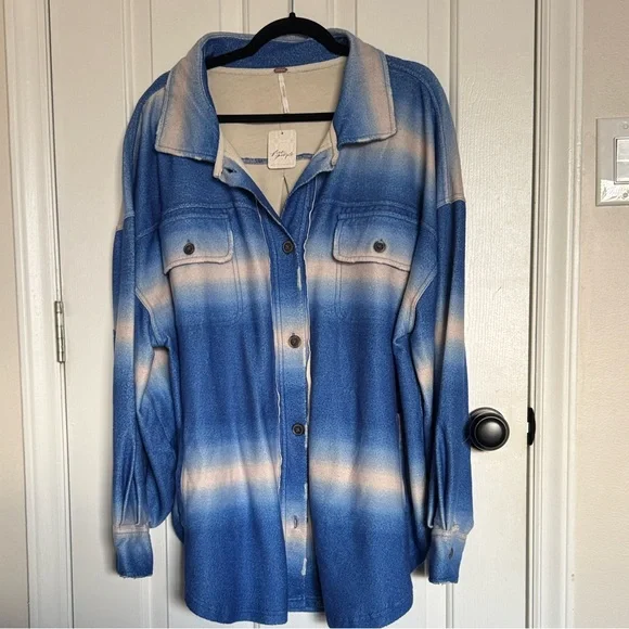 Free People Blue and Cream Ombre Button-Up Shacket - Picture 2 of 8